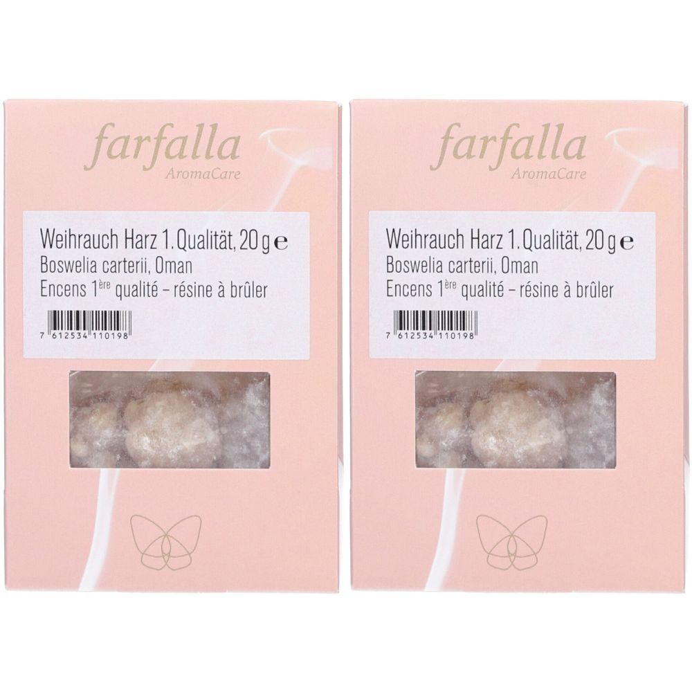 Deux boîtes de résine d'encens. Emballage rose avec informations produit et logo "farfalla AromaCare".
