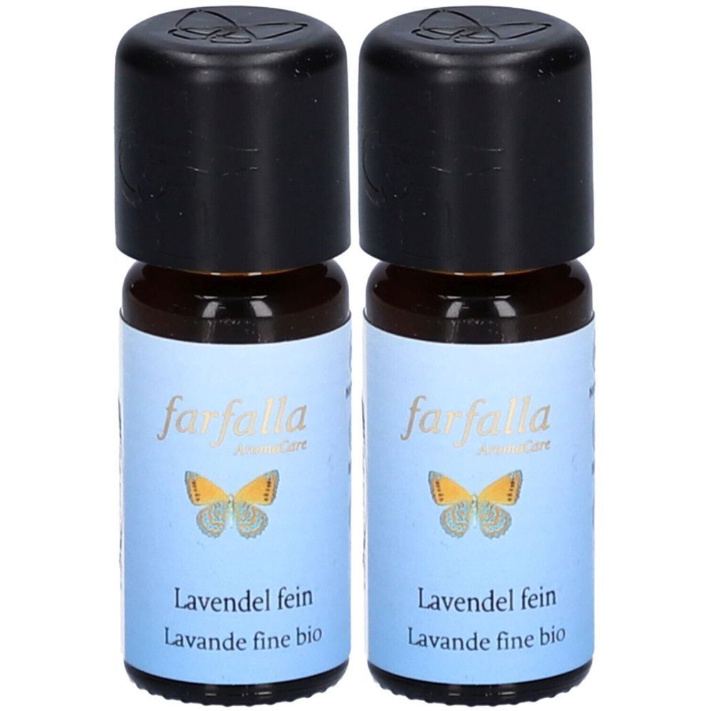 Deux flacons avec bouchons noirs. Étiquettes bleues avec "farfalla AromaCare" et "Lavande fine bio".