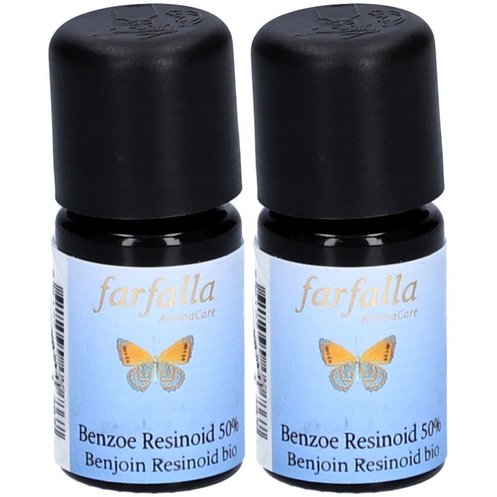 Deux flacons avec bouchons noirs. Étiquettes avec "farfalla AromaCare" et "Benzoe Resinoid 50%".