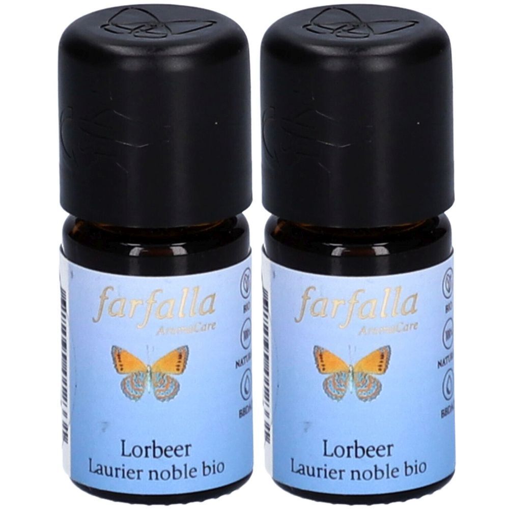 Deux flacons en verre avec bouchons noirs. Étiquettes bleues avec "farfalla AromaCare" et "Laurier noble bio".