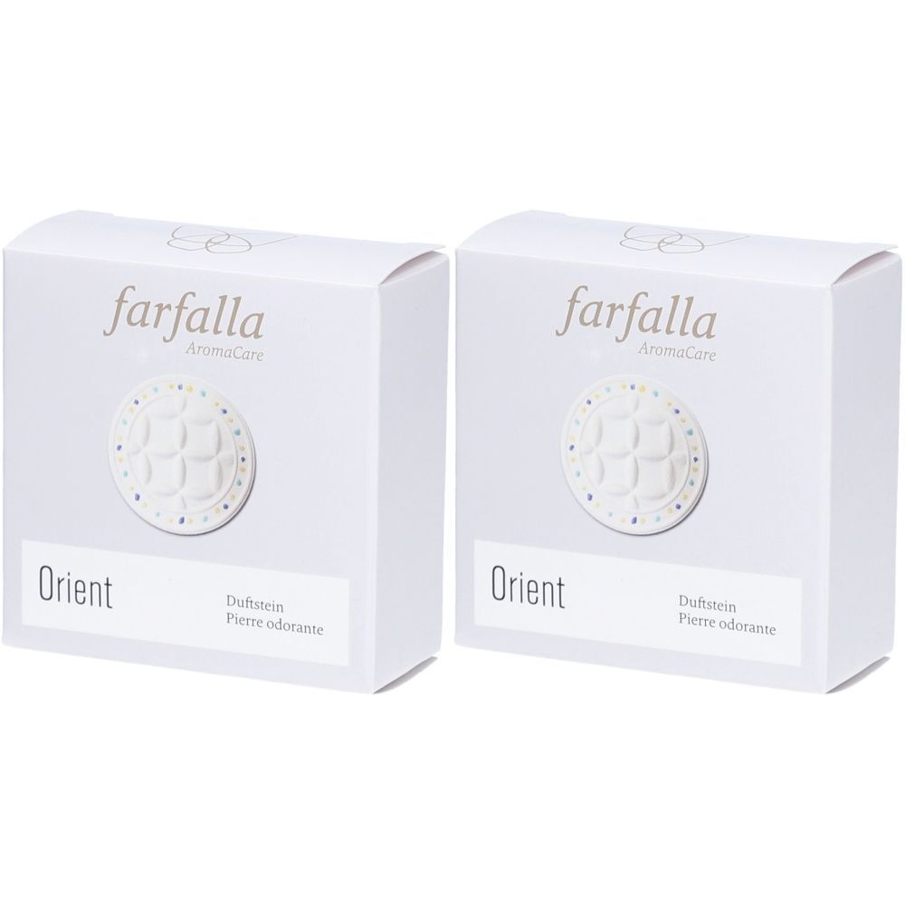 Deux boîtes blanches avec le logo "farfalla AromaCare". Inscription "Orient" et "Duftstein Pierre odorante".
