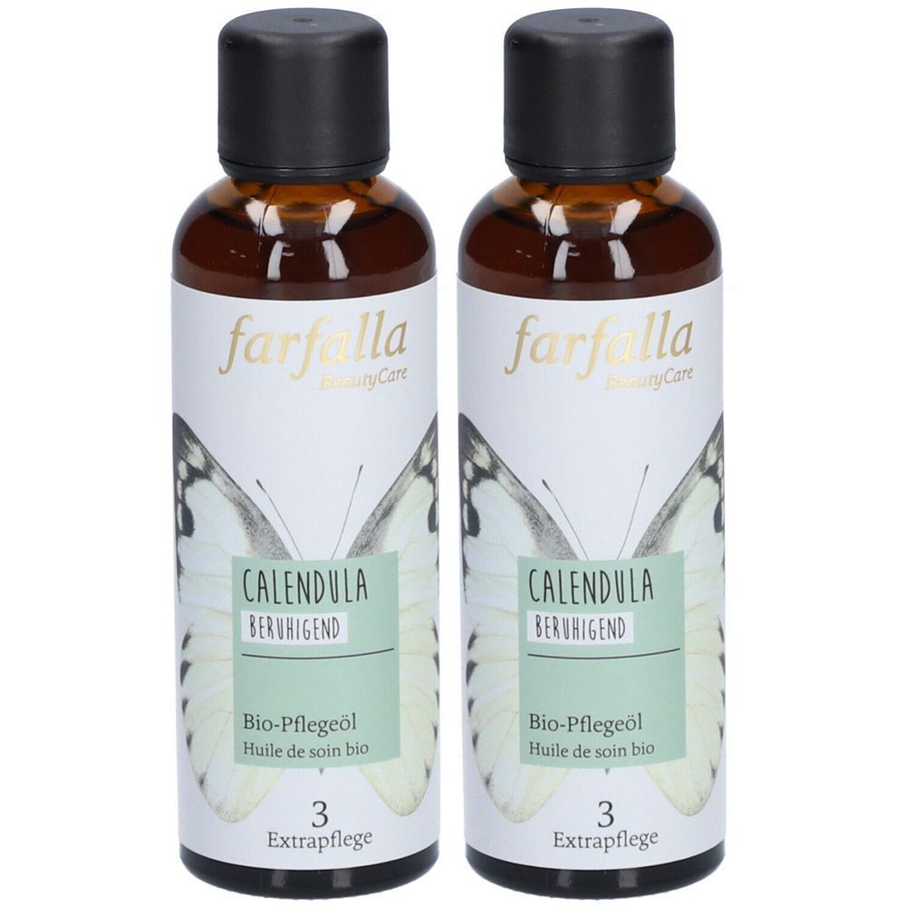 Deux flacons d'huile de soin bio avec bouchon noir. Inscription : farfalla, Calendula, apaisant, huile de soin bio, soin extra.