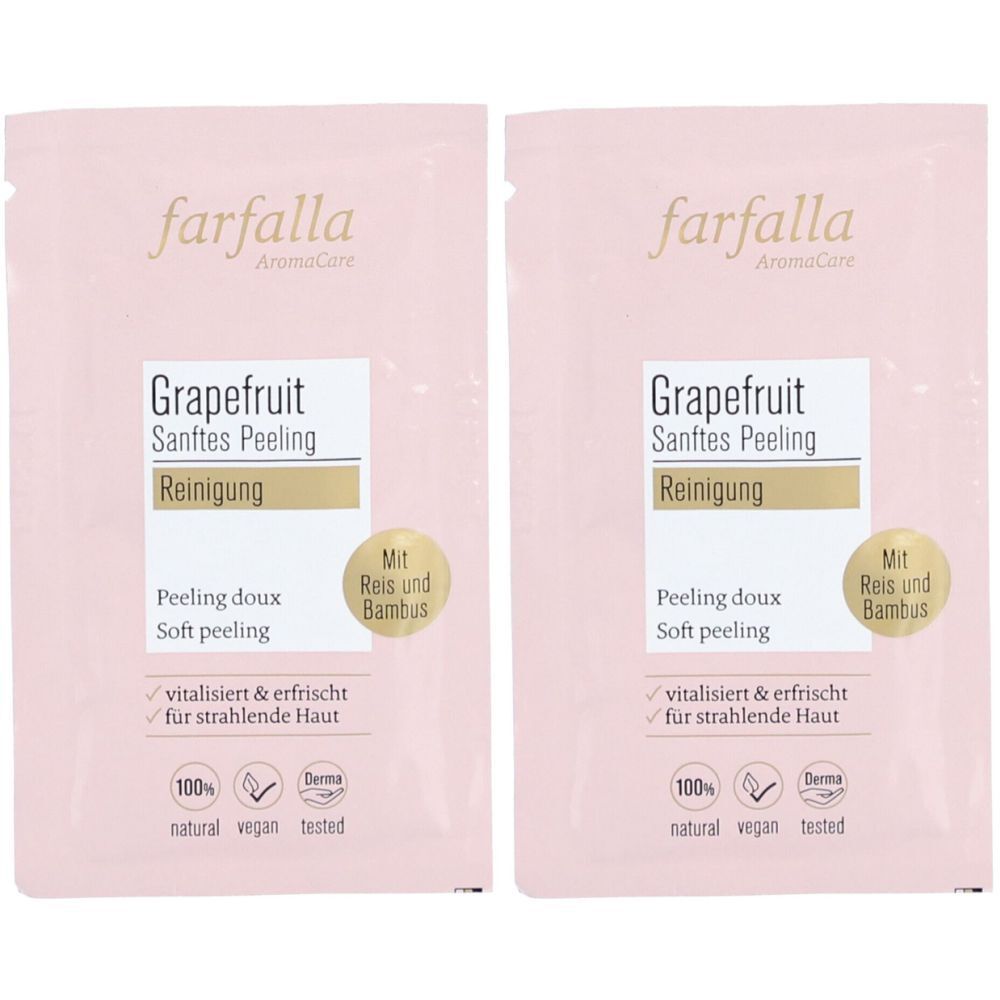 Deux sachets roses avec informations produit. Inscription: Farfalla AromaCare, Grapefruit Sanftes Peeling, Reinigung.