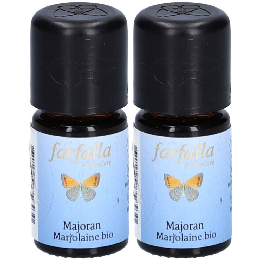 Deux flacons en verre brun avec bouchons noirs. Les étiquettes indiquent "farfalla AromaCare" et "Majoran Marjolaine bio".