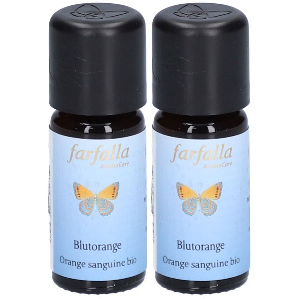 Deux petites bouteilles en verre brun avec des bouchons noirs. Les étiquettes indiquent "farfalla" et "Blutorange".