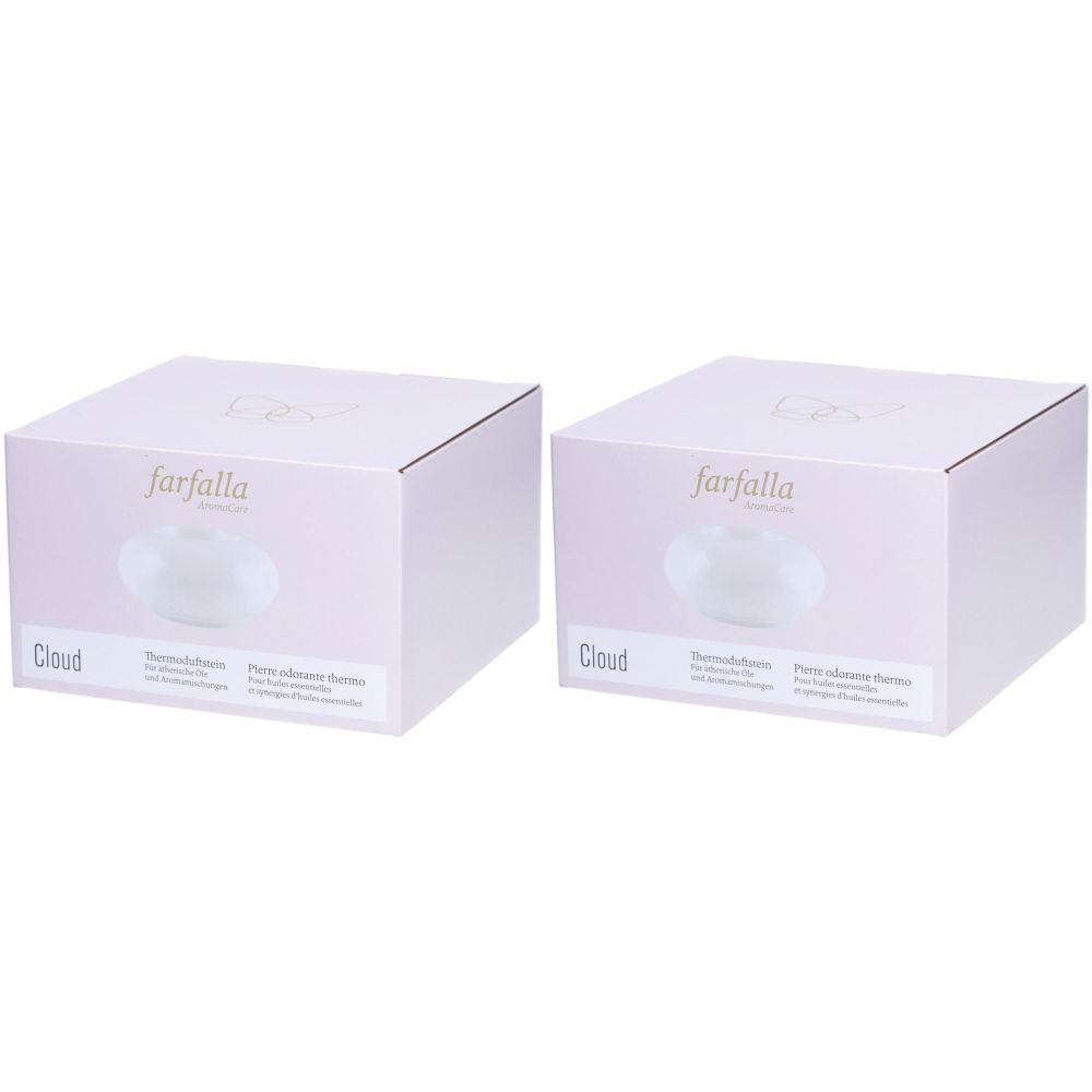 Deux boîtes carrées. Impression : farfalla, Cloud, nom du produit et logo. Emballage rose et blanc.