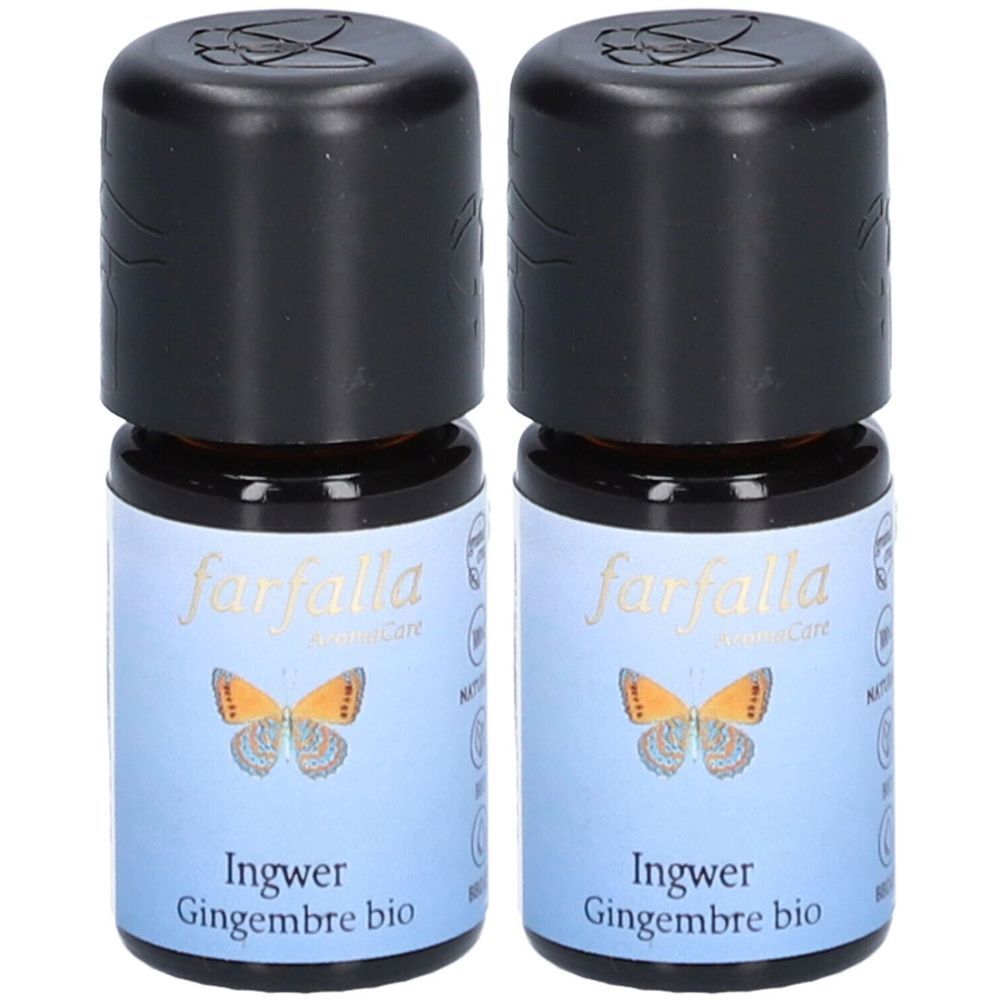 Deux flacons en verre brun avec des bouchons noirs. Les étiquettes indiquent "farfalla AromaCare" et "Ingwer Gingembre bio".