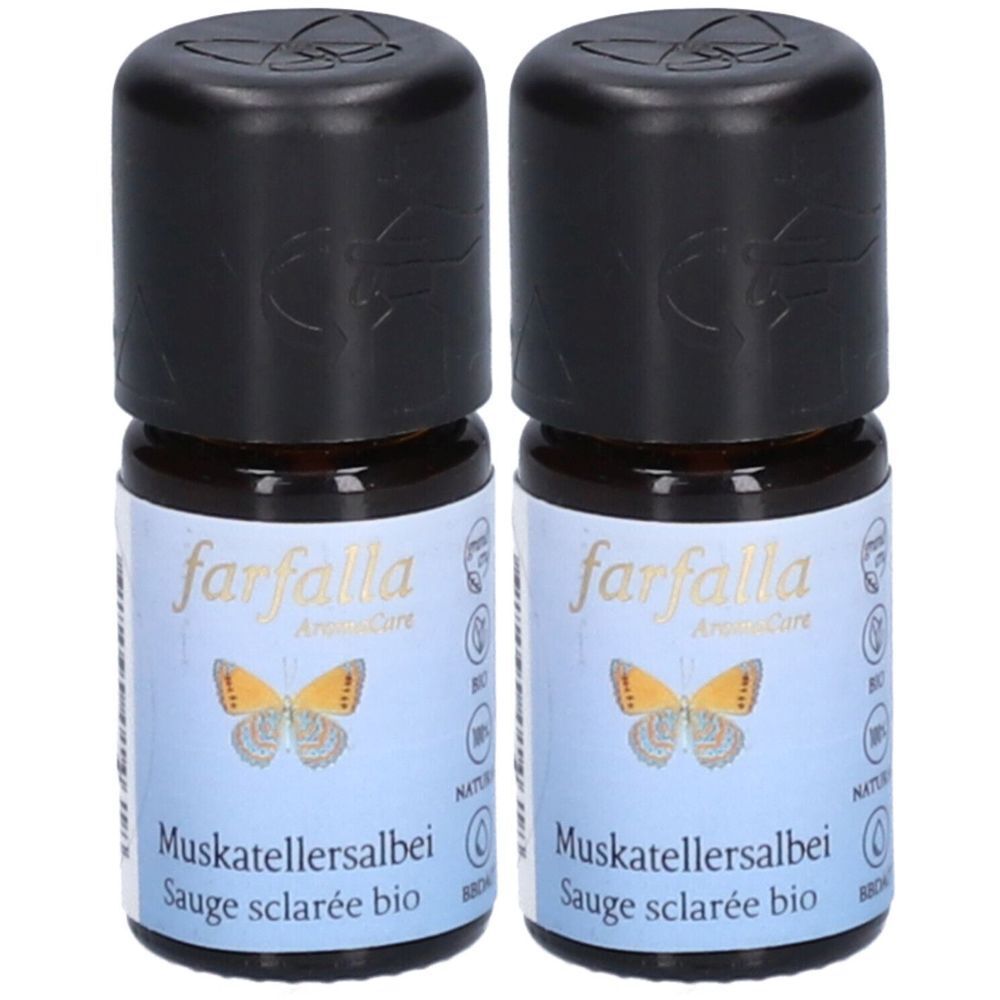 Deux petites bouteilles avec bouchons noirs. L'étiquette indique "farfalla" et "Muskatellersalbei bio".