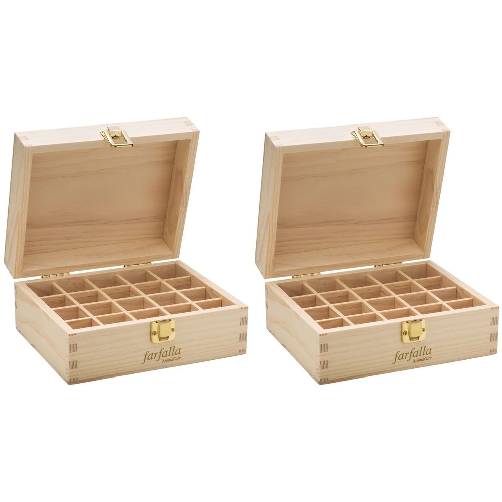 Deux boîtes en bois ouvertes avec compartiments. Fermoirs dorés. Inscription farfalla.