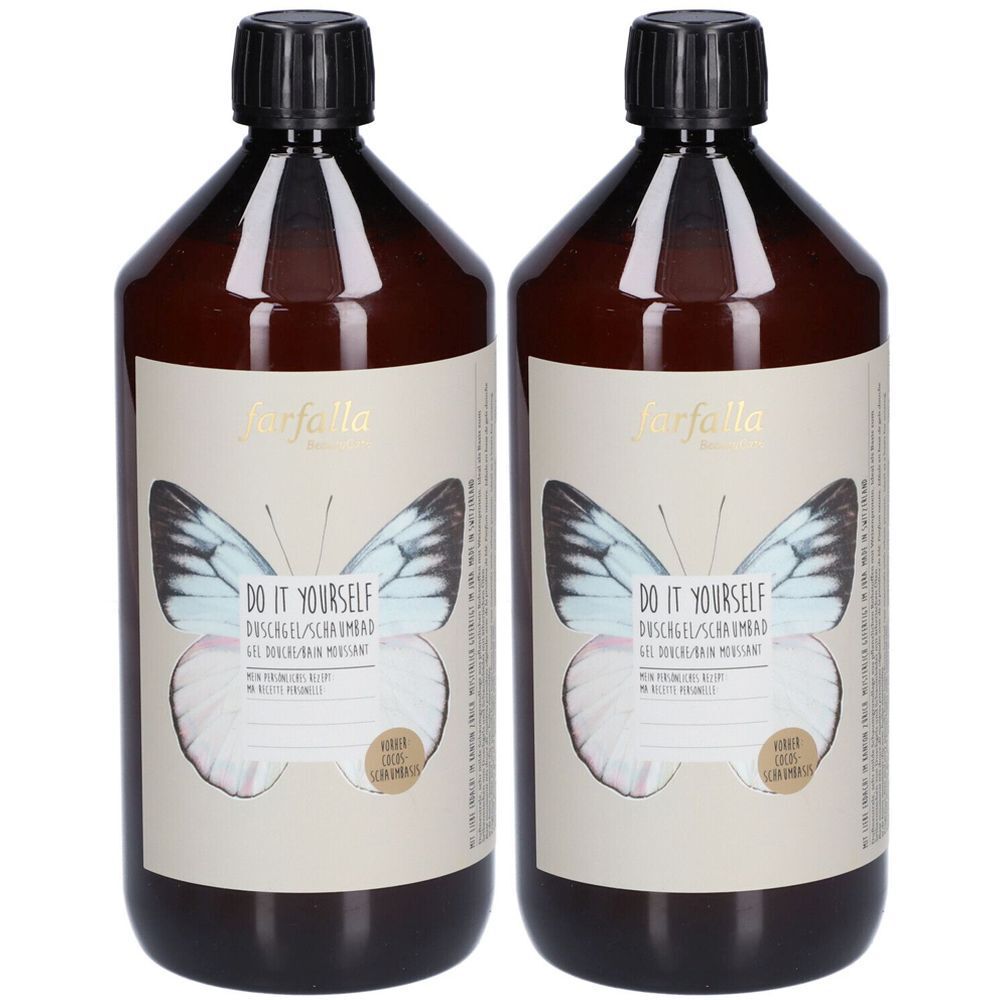 Deux bouteilles marron avec bouchons noirs. Étiquette avec papillon et texte "Do it Yourself".