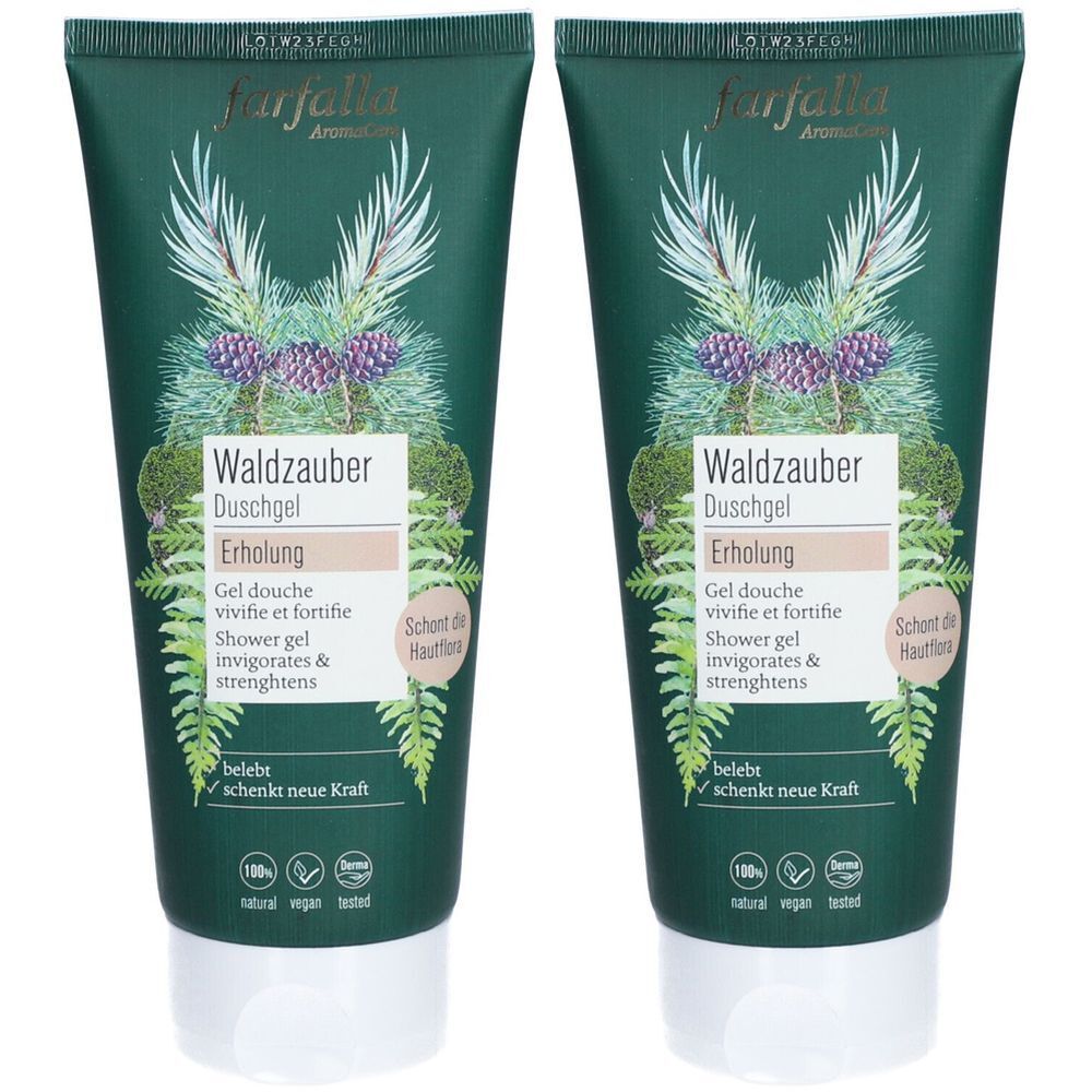 Deux tubes de gel douche verts avec motif floral. Inscription: Waldzauber, Erholung, Gel douche, Shower gel. Marque: farfalla.
