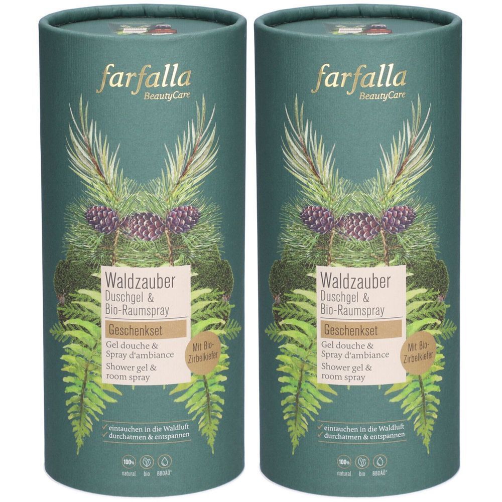 Deux coffrets cadeaux cylindriques avec le logo "farfalla BeautyCare". Inscription "Waldzauber". Avec des illustrations de plantes.