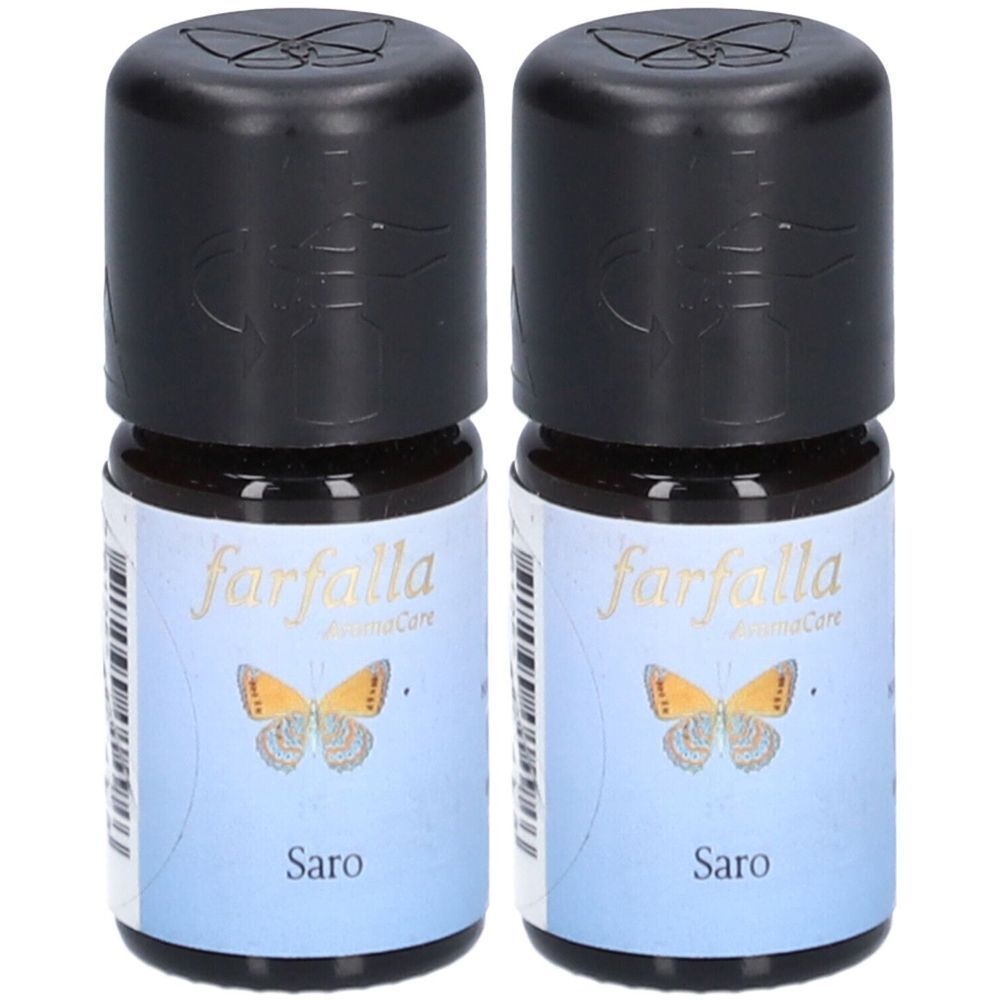 Deux flacons avec bouchons noirs. Étiquette avec "farfalla aromaCare" et "Saro". Image d'un papillon.