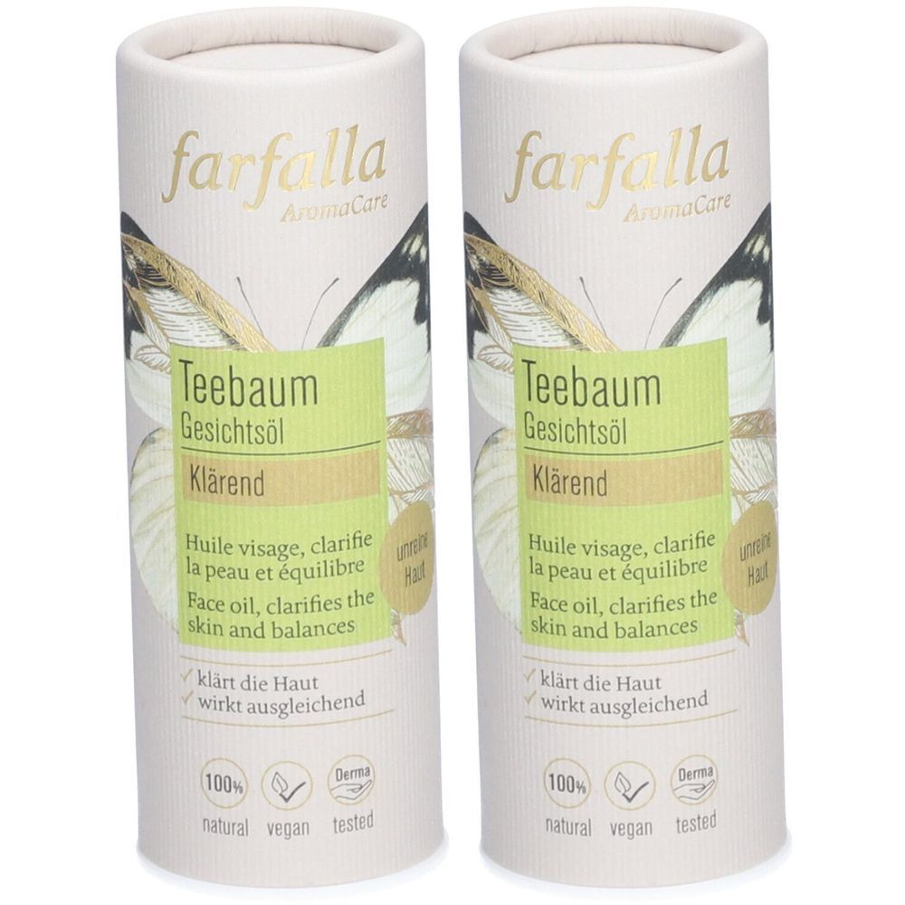 Deux emballages cylindriques avec informations produit. Inscription: farfalla, Teebaum Gesichtsöl, Klärend. Logos: 100% naturel, vegan, testé.