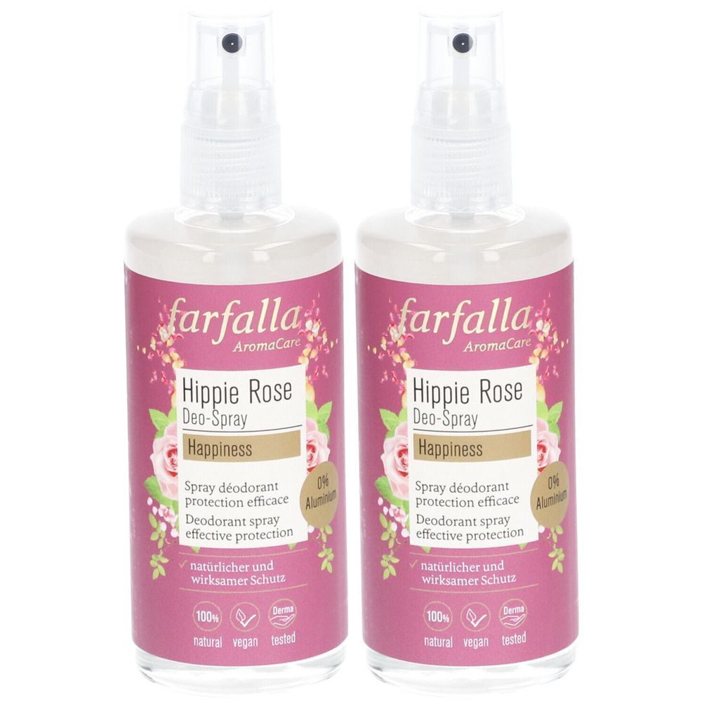 Deux flacons de spray avec étiquettes roses. Inscription : farfalla Hippie Rose Deo-Spray Happiness. Design floral et texte.