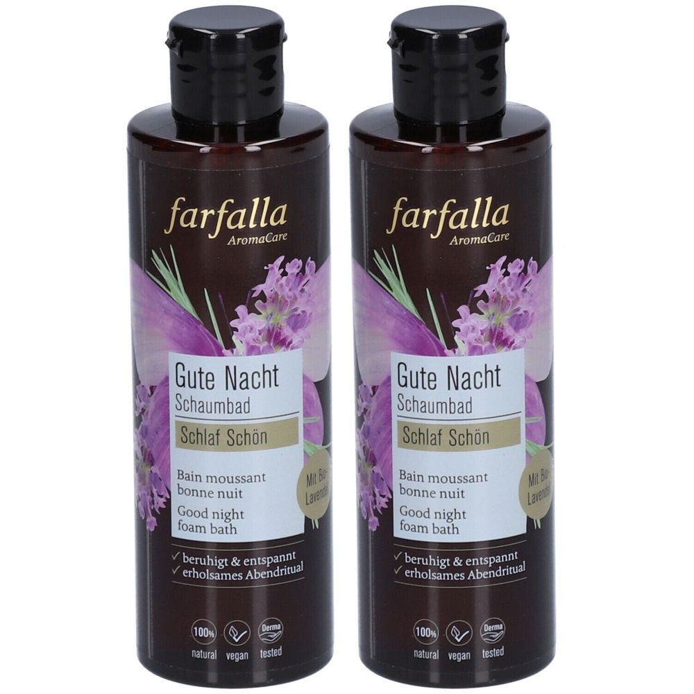 Deux flacons de bain moussant avec bouchon noir. Inscription : farfalla, Gute Nacht, Schaumbad, Schlaf Schön. Illustration de lavande.
