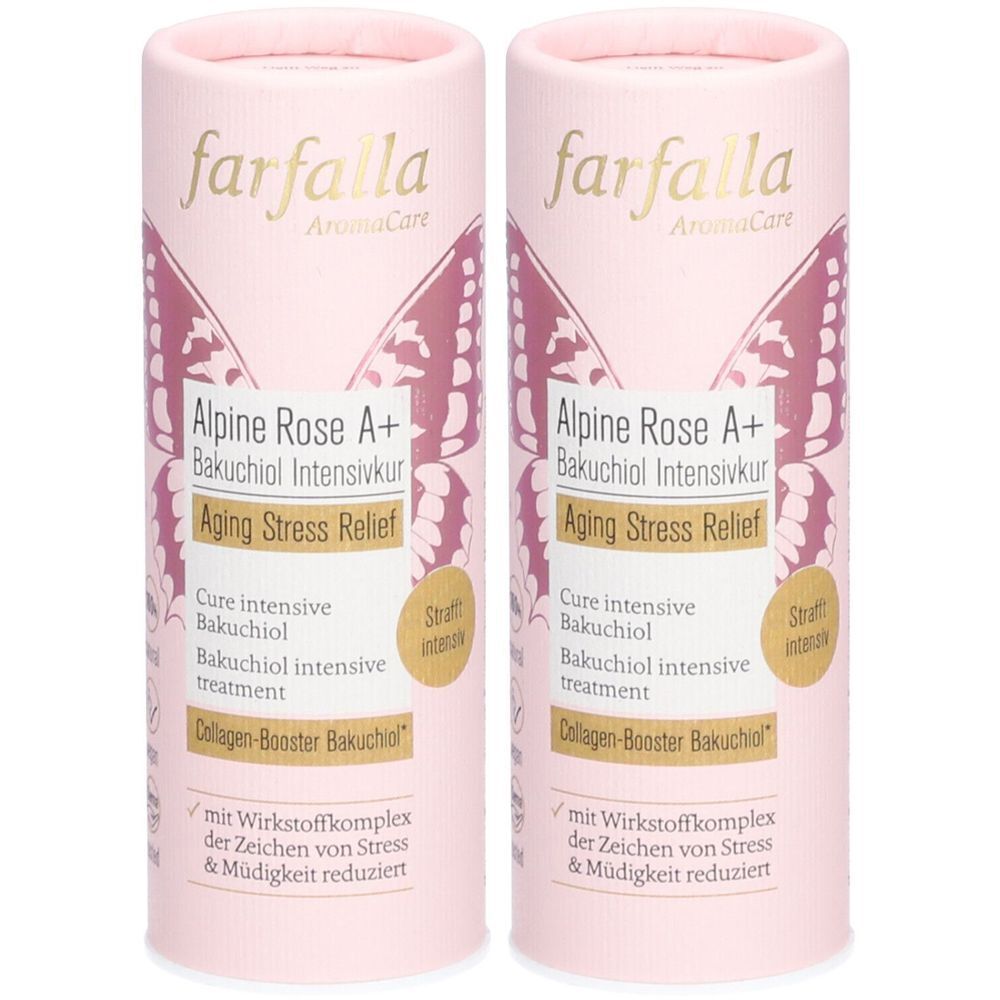 Deux contenants cylindriques roses. Inscription: farfalla, Alpine Rose A+, Bakuchiol Intensivkur, Aging Stress Relief.