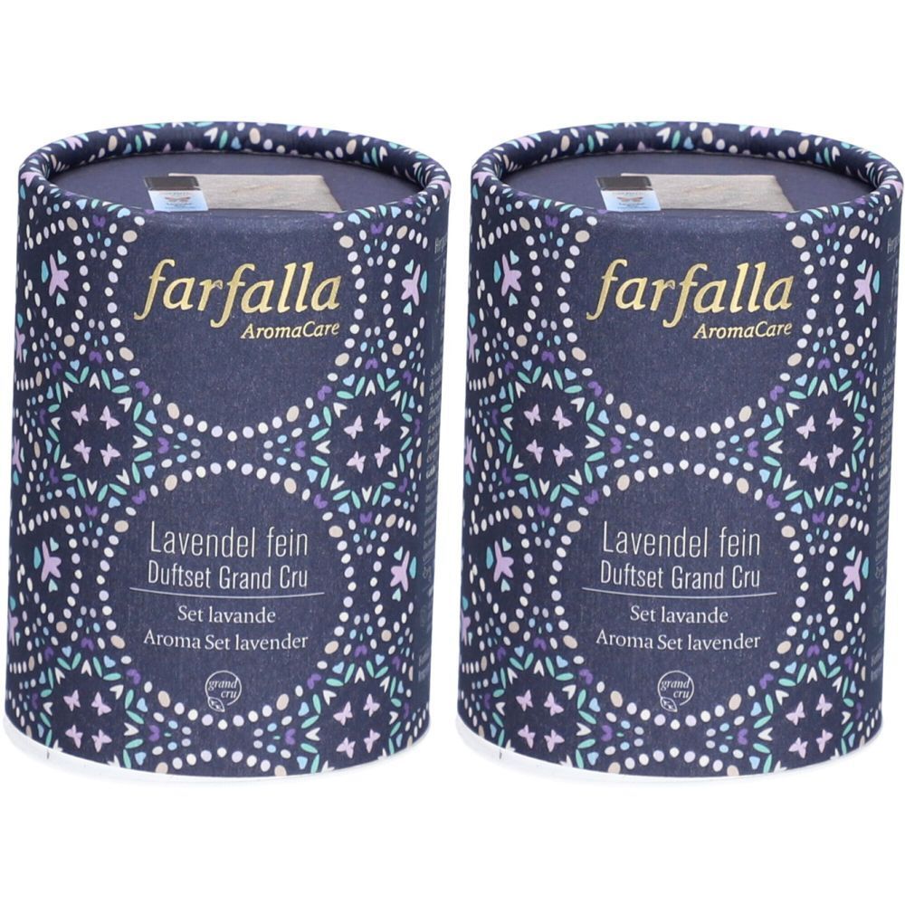 Deux boîtes cylindriques en carton. Inscription : farfalla AromaCare, Lavendel fein, Duftset Grand Cru, Set lavande, Aroma Set lavender. Avec motif.