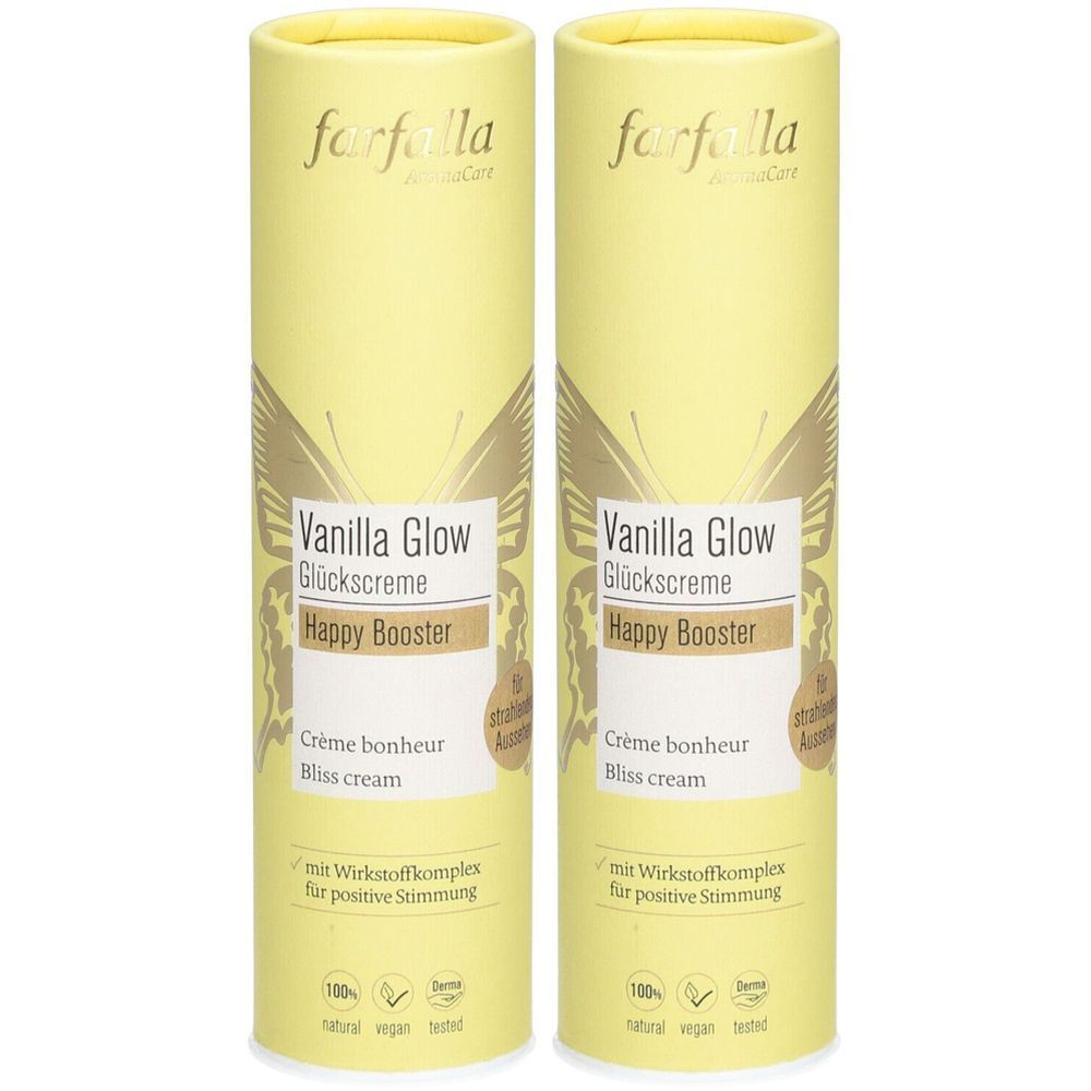 Deux emballages cylindriques. Inscription: Farfalla, Vanilla Glow Glückscreme, Happy Booster, Crème bonheur, Bliss cream. Mit Wirkstoffkomplex.