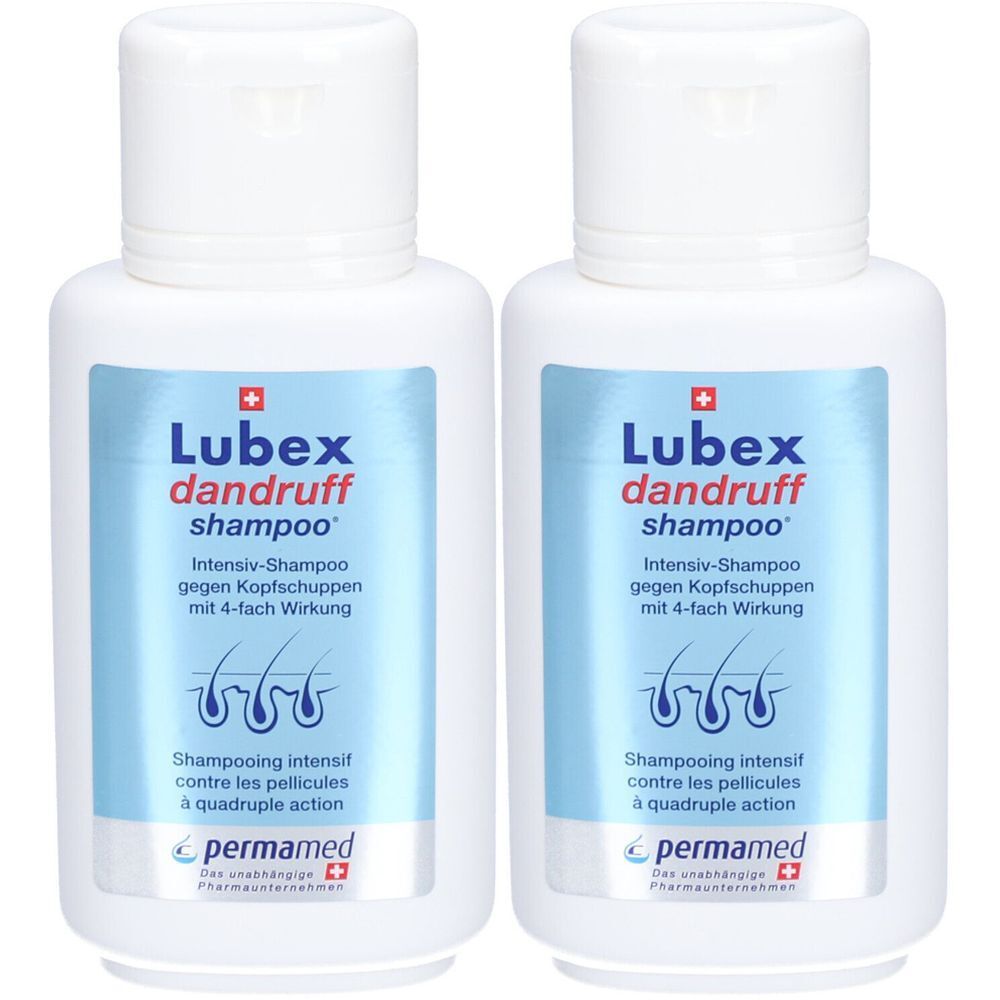 Deux flacons blancs avec étiquette bleue. Inscription : Lubex Dandruff Shampoo. Shampooing intensif contre les pellicules.