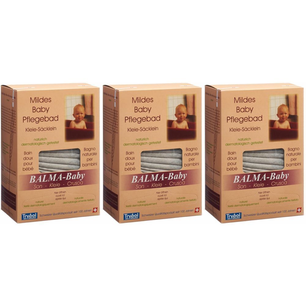 Trois boîtes de BALMA-Baby Bain de soin. Inscriptions : Mildes Baby Pflegebad, photo de bébé, texte en allemand, français, italien. Label de qualité suisse.