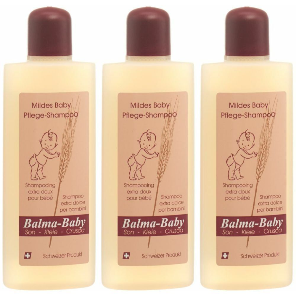 Trois flacons de shampooing pour bébé. Liquide beige, bouchon marron. Étiquette avec illustration de bébé et texte : Balma-Baby.