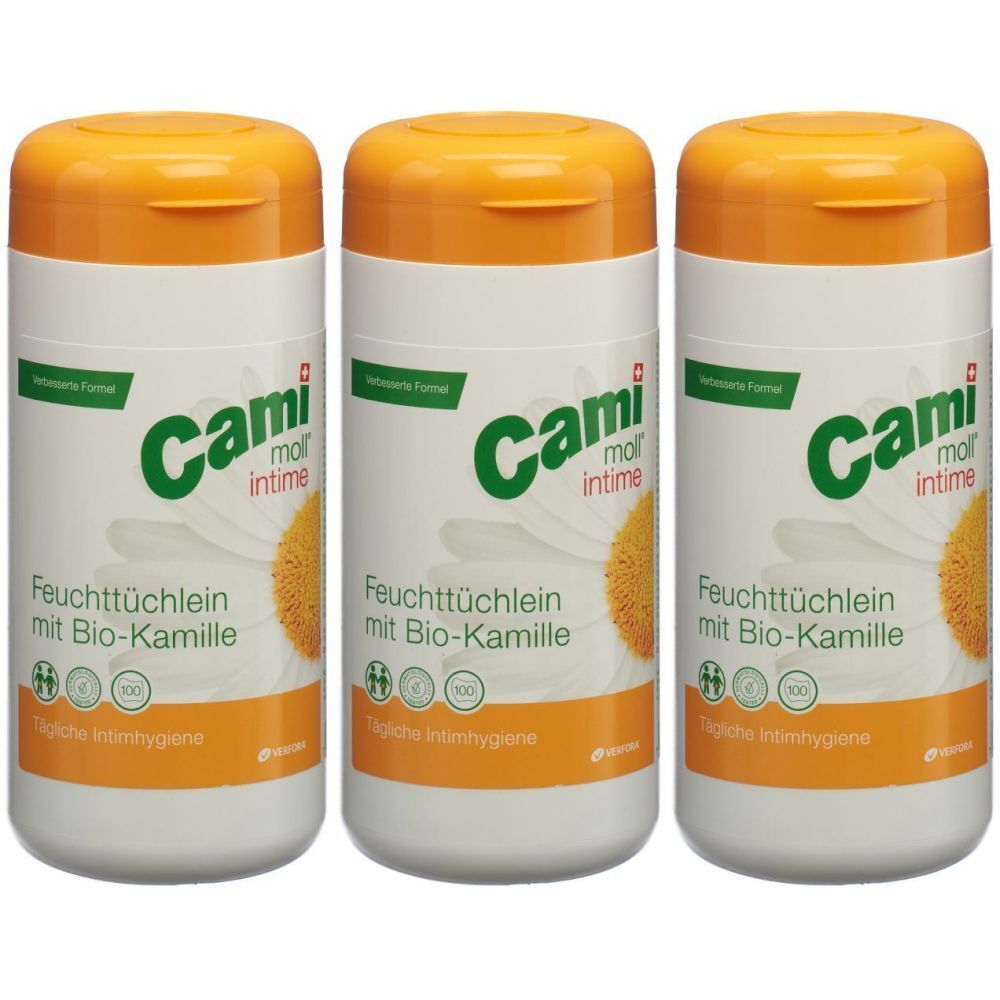 Trois récipients blancs avec couvercles orange. Inscription: Cami moll intime, lingettes humides à la camomille bio. Hygiène intime quotidienne.