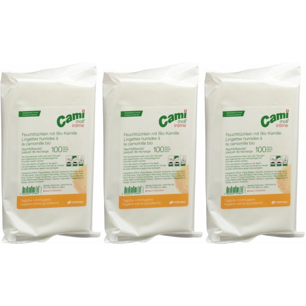 Trois paquets blancs de lingettes humides à la camomille. Inscription : Cami intim, 100 pièces, camomille bio. Design vert et jaune.