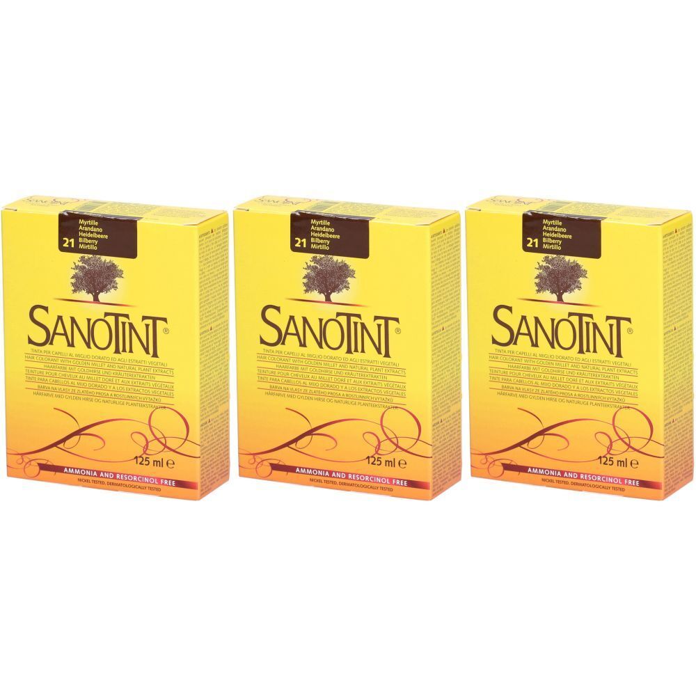 Trois boîtes jaunes SANOTINT. Inscription: 21 Myrtille, 125 ml. Sans ammoniaque ni résorcine. Logo avec arbre.