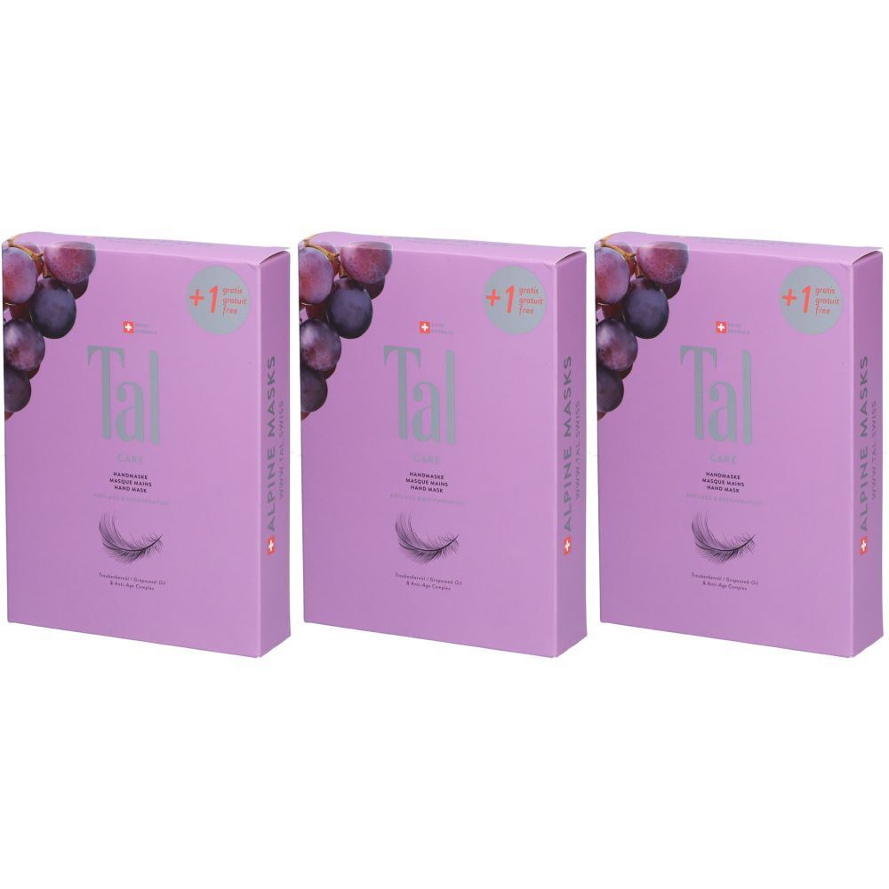 Trois boîtes lilas avec illustration de raisins et texte "Tal". Inscription : "Alpine Masks".