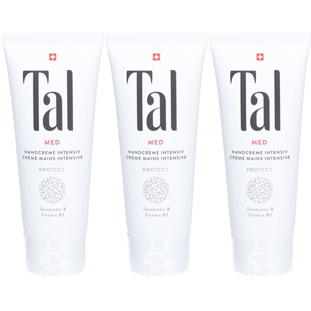 Trois tubes blancs avec le mot "Tal" en noir, une croix rouge et des indications de produit. "MED Handcreme Intensiv Protect".