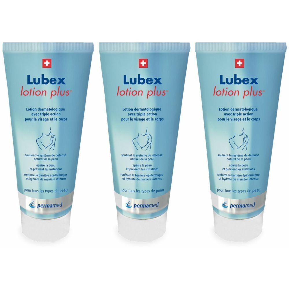 Trois tubes de LUBEX lotion plus. Emballage bleu clair avec croix rouge et nom du produit. Texte: Lotion dermatologique pour le visage et le corps.