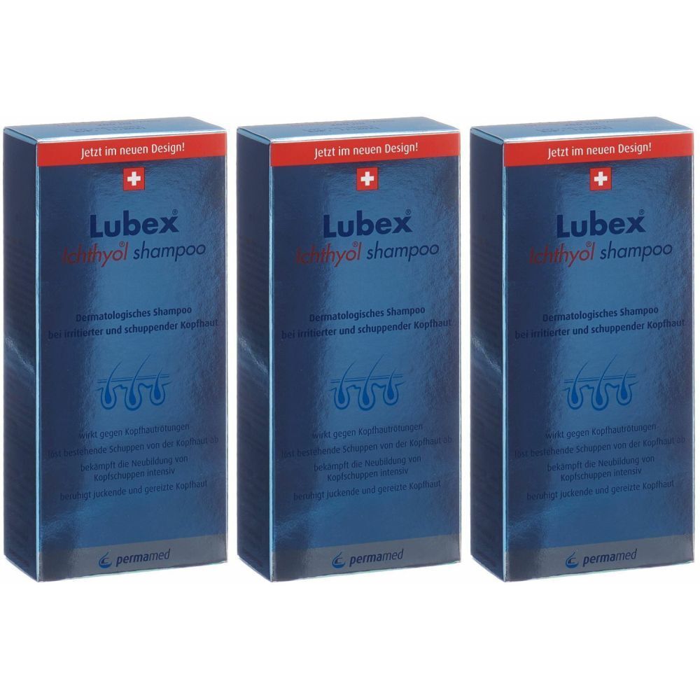 Trois boîtes de shampooing LUBEX Ichthyol. Emballage bleu avec bande rouge et croix blanche. Texte : shampooing dermatologique.