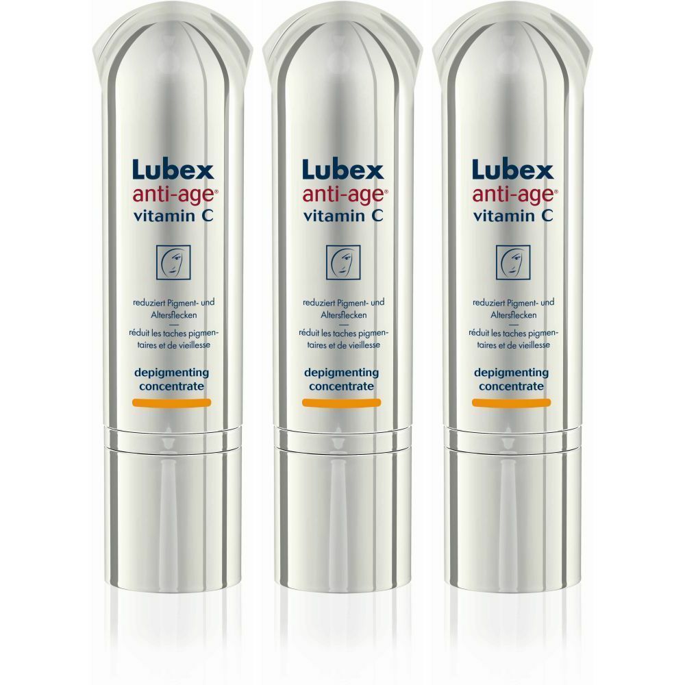 Trois flacons argentés. Inscription : Lubex anti-age vitamin C, depigmenting concentrate.