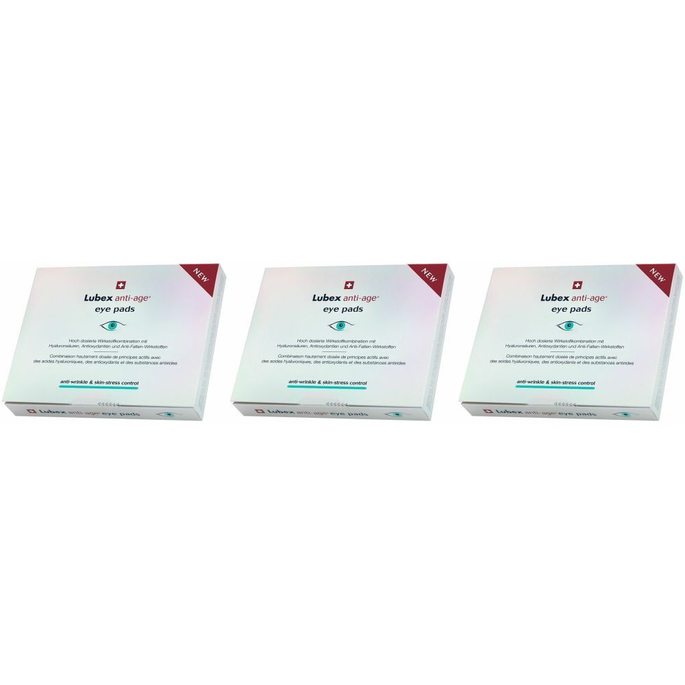 Trois boîtes carrées avec le logo Lubex anti-age® eye pads. Chaque boîte porte une étiquette rouge "NEW".