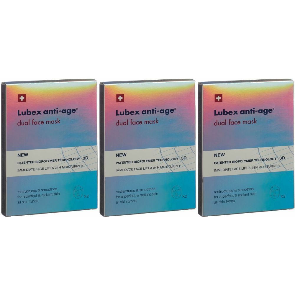 Trois boîtes de LUBEX anti-age® Dual face mask. Chaque boîte affiche le logo avec la croix suisse et des informations sur le produit.