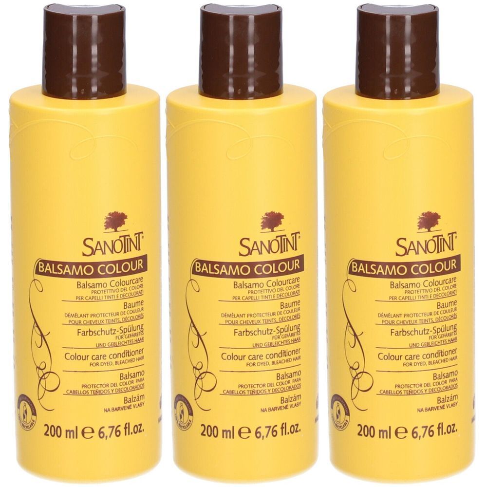 Trois flacons jaunes avec des bouchons marron. Inscription : SANOTINT BALSAMO COLOUR. Après-shampooing pour cheveux colorés.