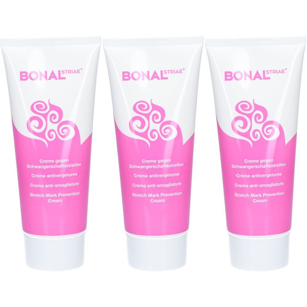 Trois tubes de crème rose. Inscription BONAL STRIAE. Texte : Crème contre les vergetures de grossesse.