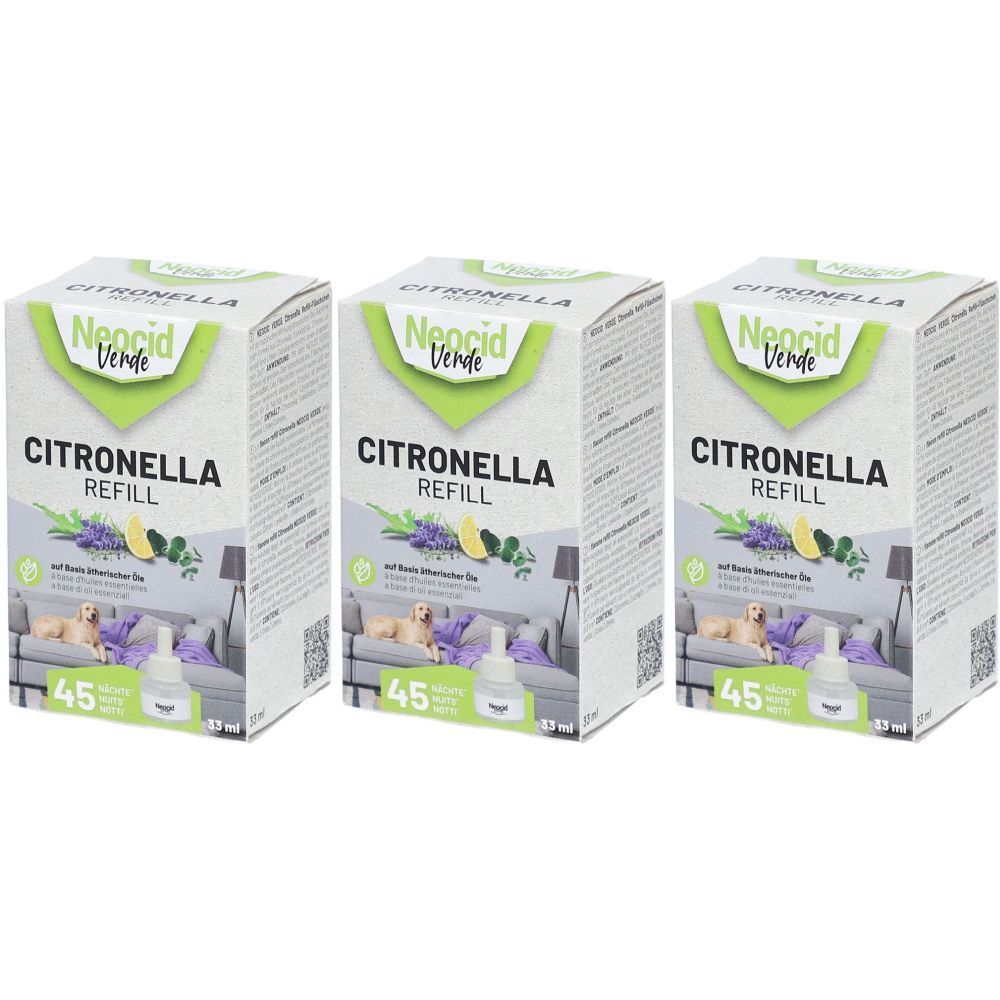 Trois boîtes de recharge Neocid Verde Citronnelle. Inscription: Citronella Refill, 45 ml, illustration avec chien et citron.