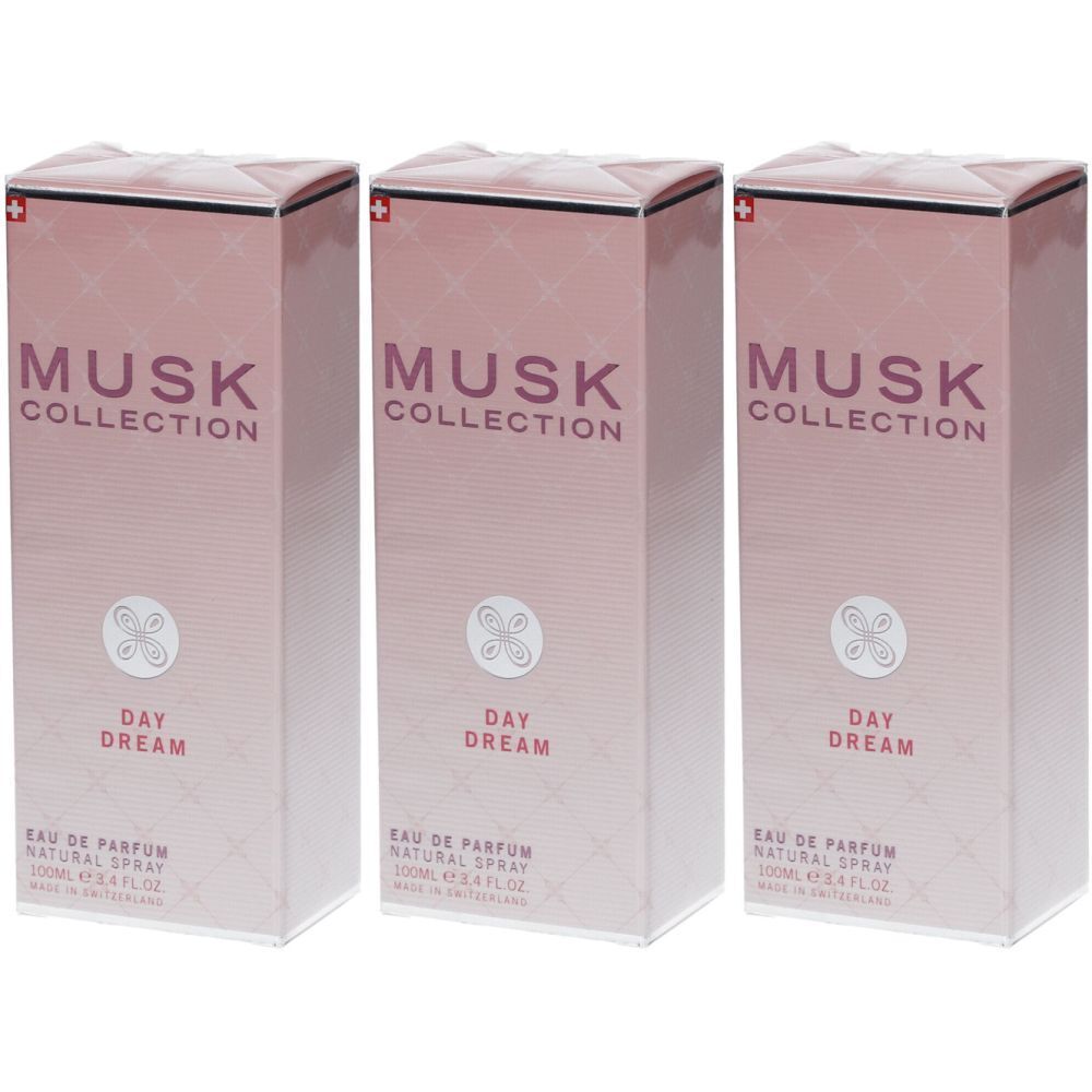 Trois boîtes rectangulaires. Inscription : MUSK COLLECTION, DAY DREAM. Croix suisse. EAU DE PARFUM NATURAL SPRAY.