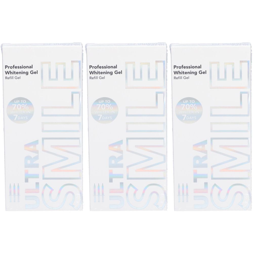 Trois boîtes blanches avec impression du produit. Inscription : Professional Whitening Gel, ULTRA SMILE, jusqu'à 70%.