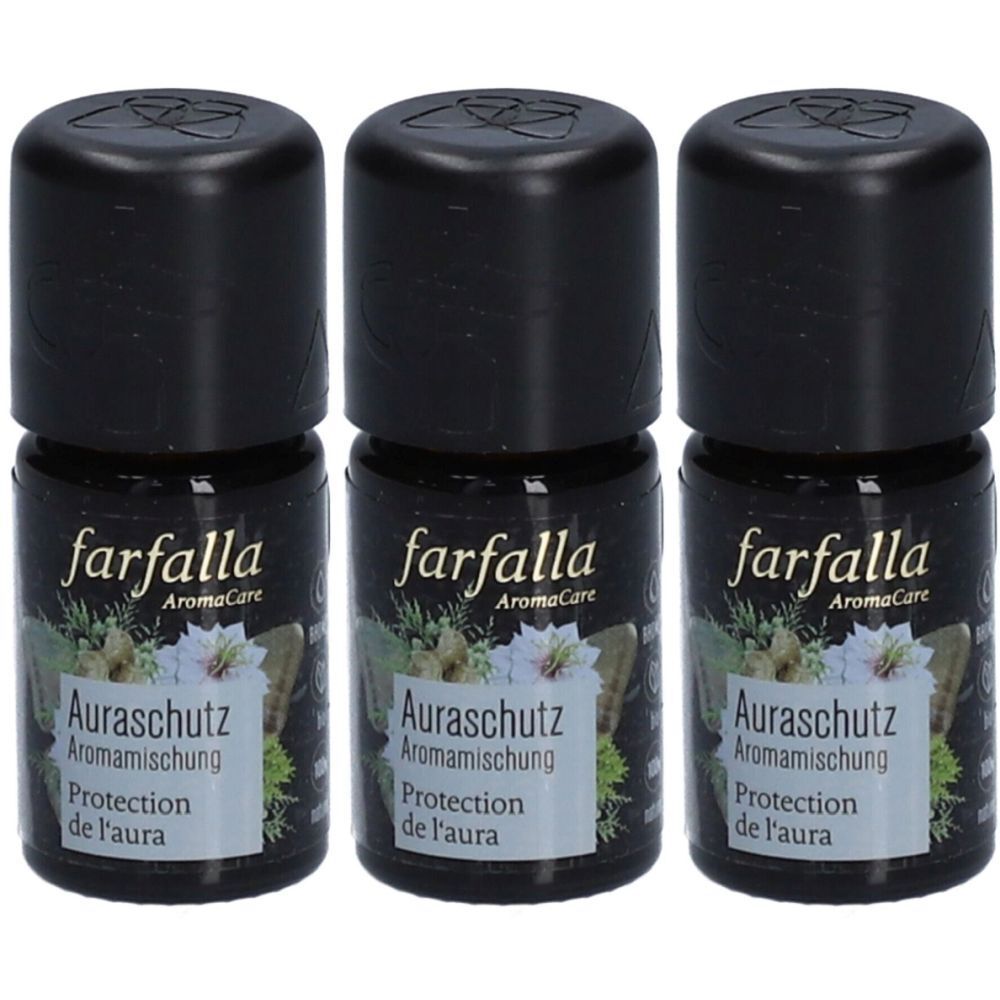 Trois petites bouteilles noires. Étiquette: "farfalla Auraschutz Aromamischung Protection de l'aura".