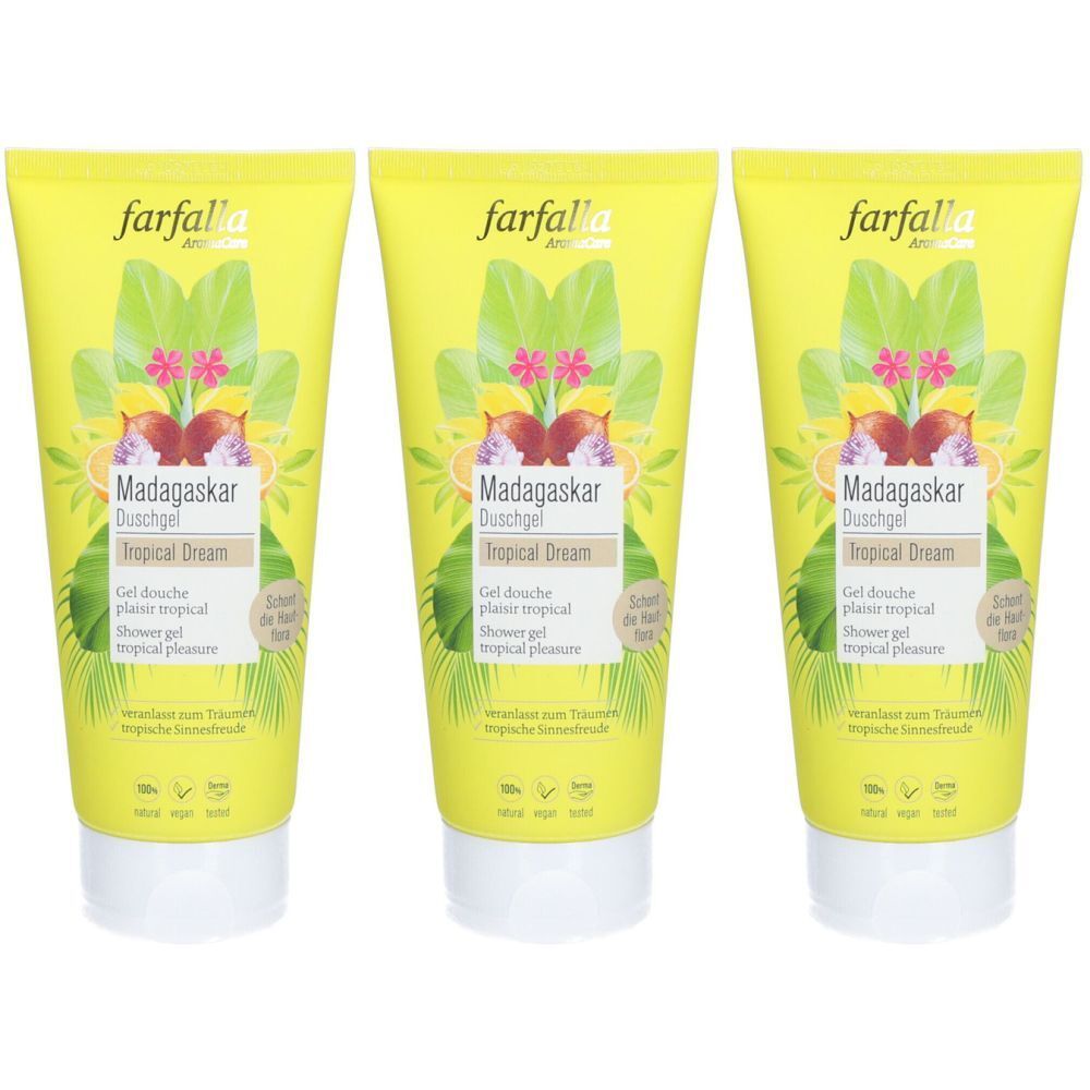 Trois tubes de gel douche. Fond jaune, inscription: farfalla, Madagaskar Duschgel Tropical Dream. Design vert et jaune.