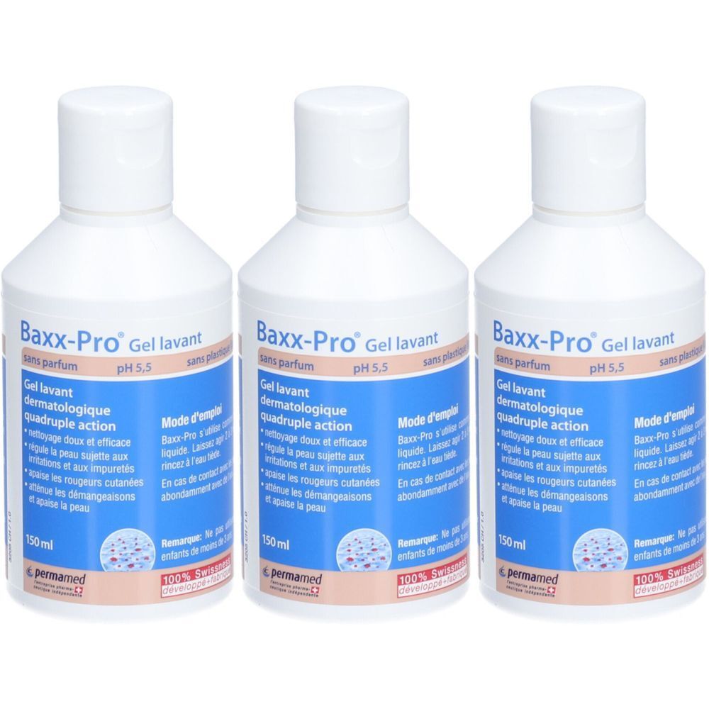 Trois flacons blancs avec étiquette bleue. Inscription : Baxx-Pro Gel lavant, pH 5,5. 150 ml. Sans parfum.