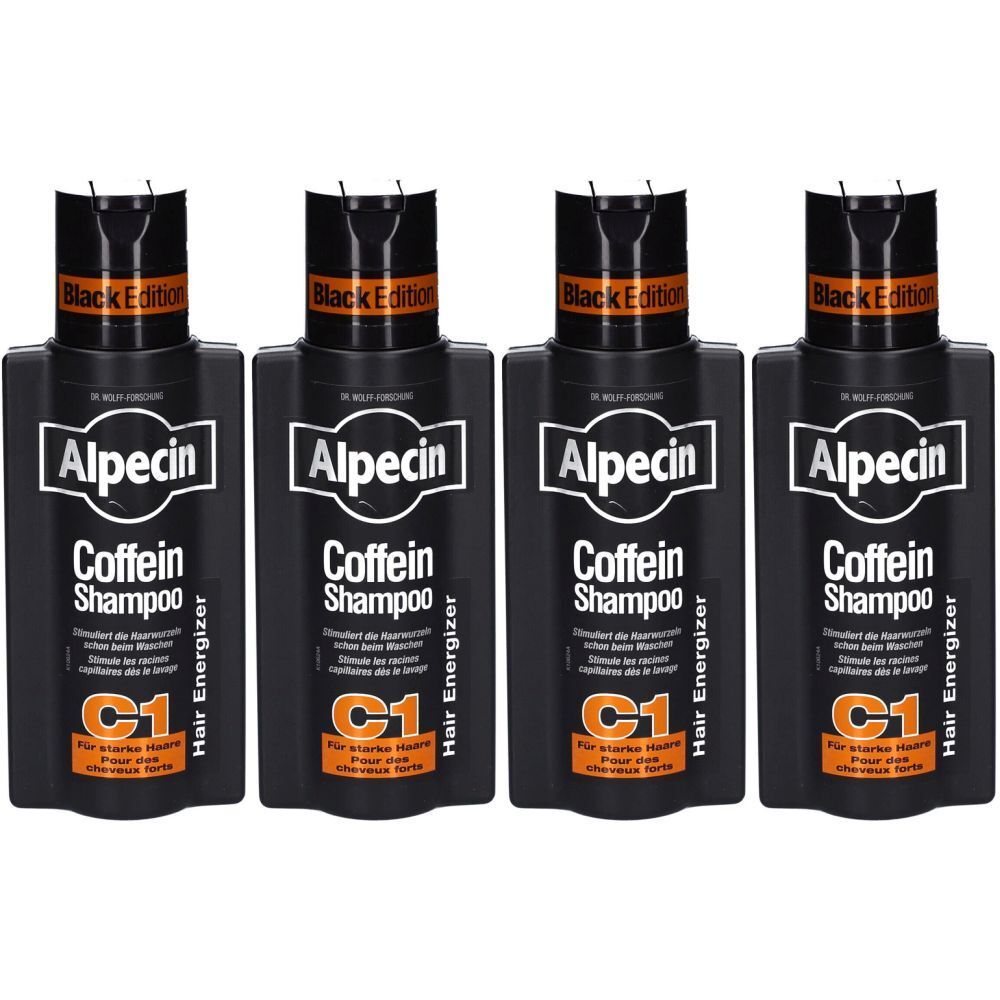 Quatre flacons noirs de shampooing Alpecin à la caféine C1. Inscription : Black Edition, Alpecin, Coffein Shampoo, C1, Hair Energizer.