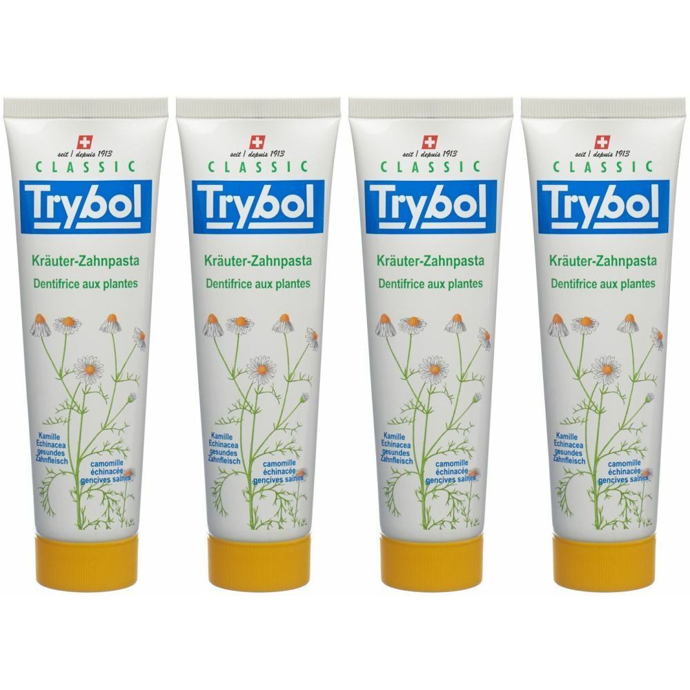 Quatre tubes de dentifrice aux herbes. Tubes blancs avec le nom Trybol en bleu, une croix rouge et le nom du produit. Bouchon jaune.