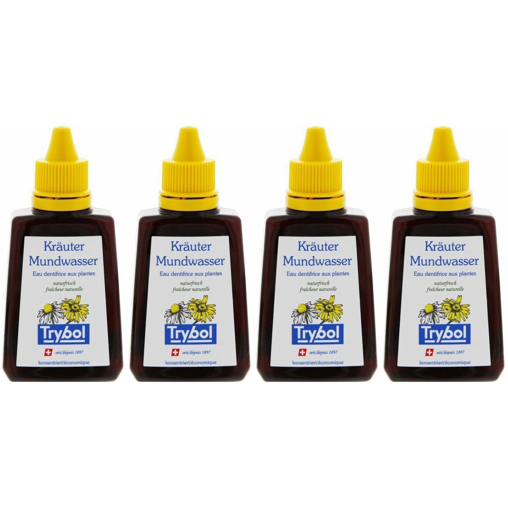 Quatre flacons de bain de bouche aux herbes avec bouchons jaunes. Les étiquettes affichent des informations sur le produit et le logo Trybol.