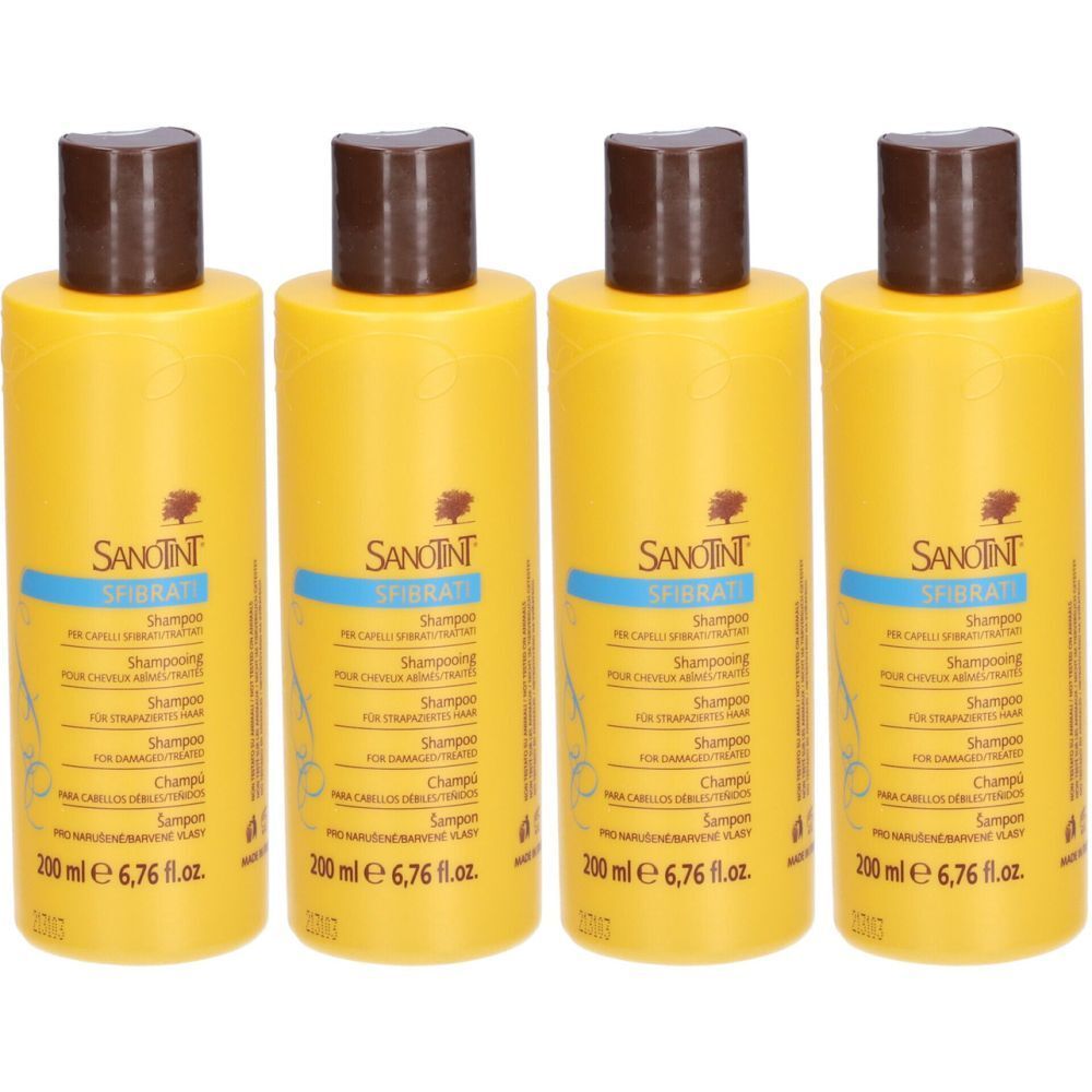 Quatre flacons jaunes avec des bouchons marron. Chaque flacon porte l'inscription "SANOTINT SFIBRATI Shampooing" et "200 ml e 6,76 fl.oz.".
