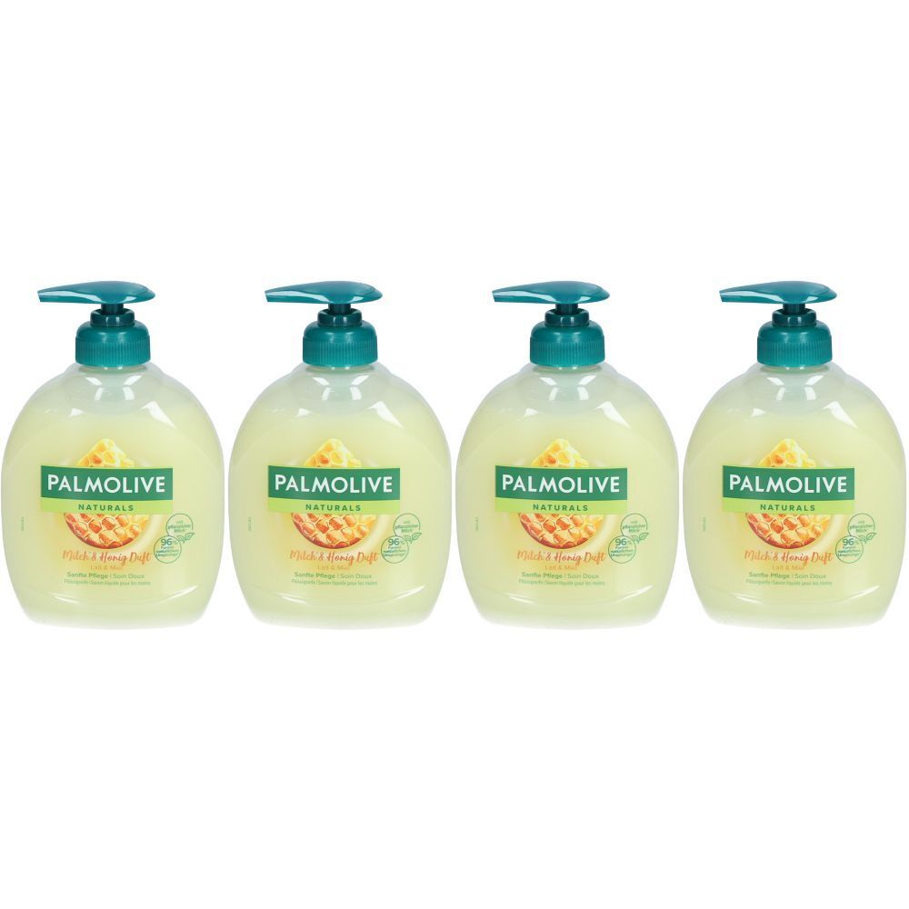 Quatre flacons de savon liquide. Chaque flacon a une pompe verte et une étiquette avec le logo PALMOLIVE Naturals et un motif de miel.