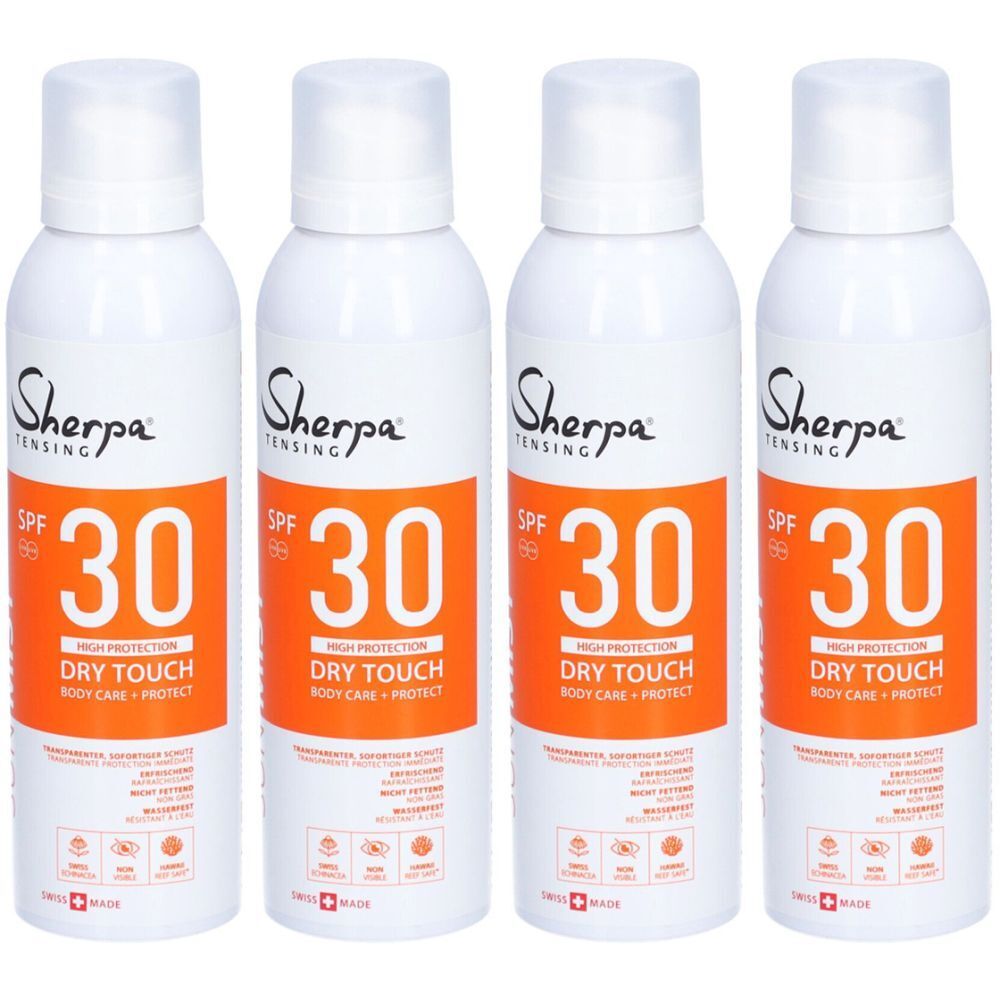 Quatre flacons de spray blancs avec des accents orange. Inscription : Sherpa, SPF 30, Dry Touch. Croix suisse.